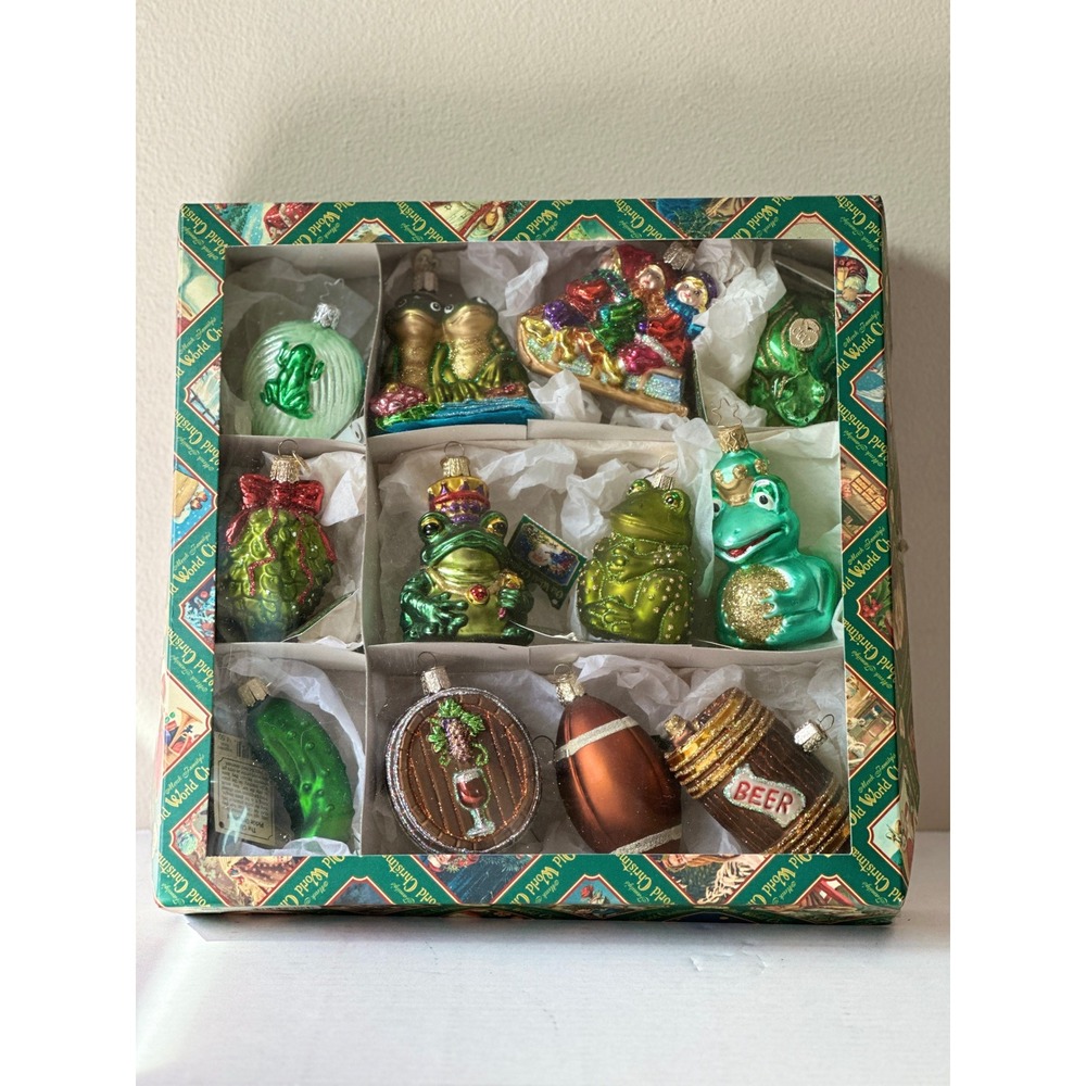 Old World Christmas Glass Ornaments Lot 11 Frog Prince Pickle Sled Beer Football